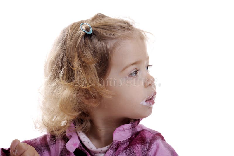 Little Girl, Mouth Full of Yogurt Stock Photo Image of horizontal