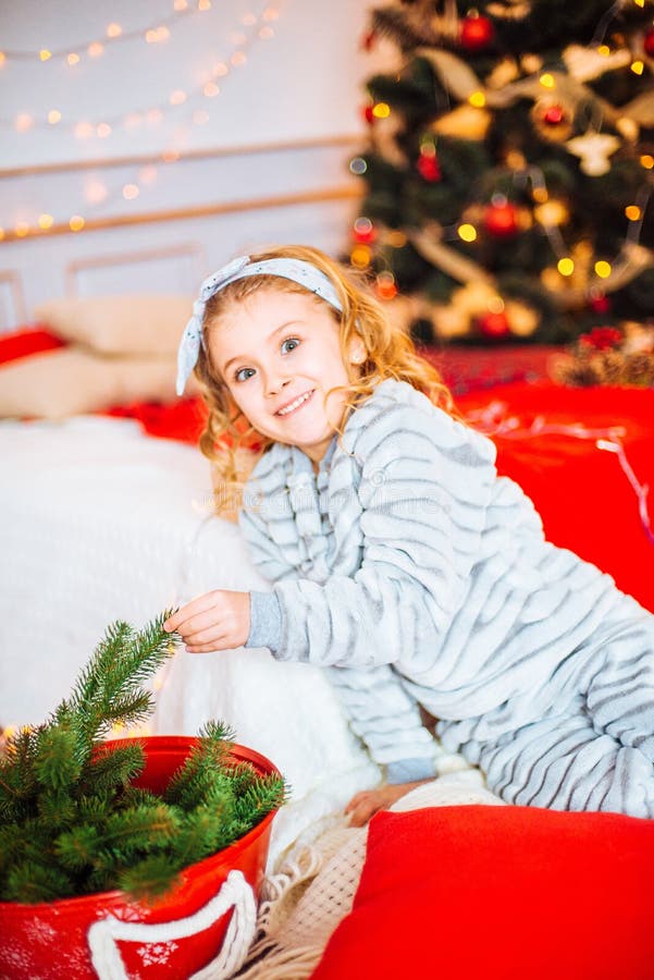 Little Girl in Pajamas at Christmas Morning.Merry Christmast Stock ...