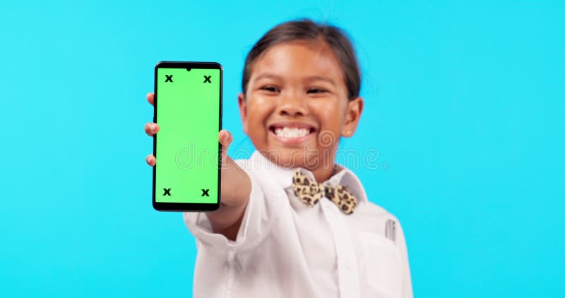 Little Girl, Phone and Mockup Screen for Advertising or Marketing ...