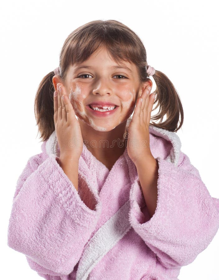 Little Girl in Pink Bathrobe Stock Image Image of beauty, soap 27092039