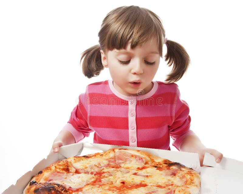 Little girl with pizza in an open paper box