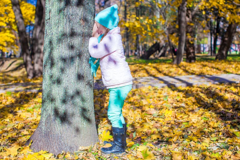 Little girl playing hide and seek near the tree in autumn park. This image has attached release.