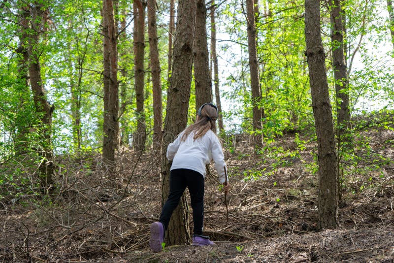 Little girl playing hide and seek in the spring forest. High quality photo