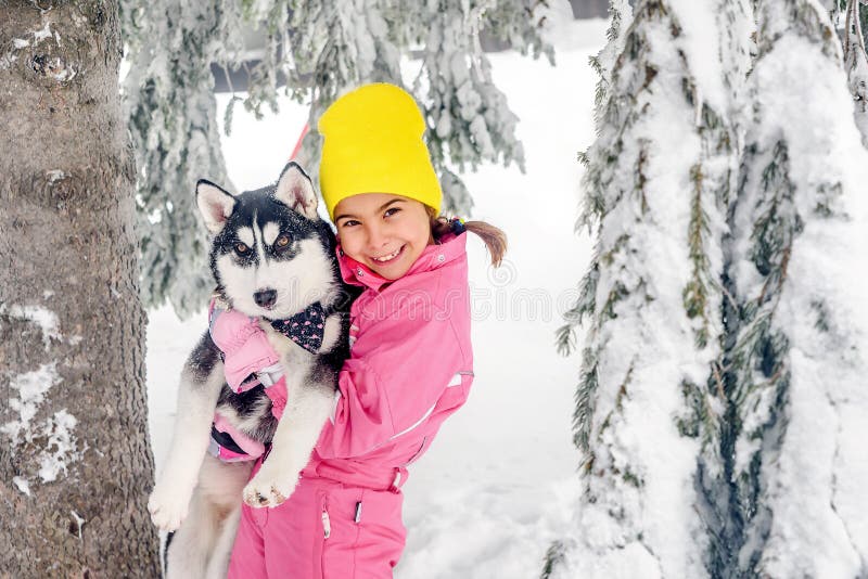 Little girl playing with Husky dog on the snow royalty free stock photography Little girl playing with Husky dog on the snow royalty free stock photography