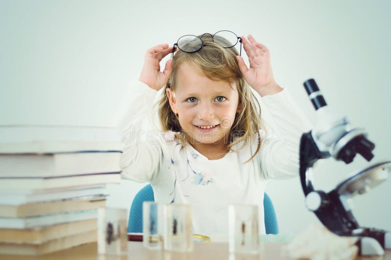 Little Girl Playing Scientist Stock Photo Image of studio, looking