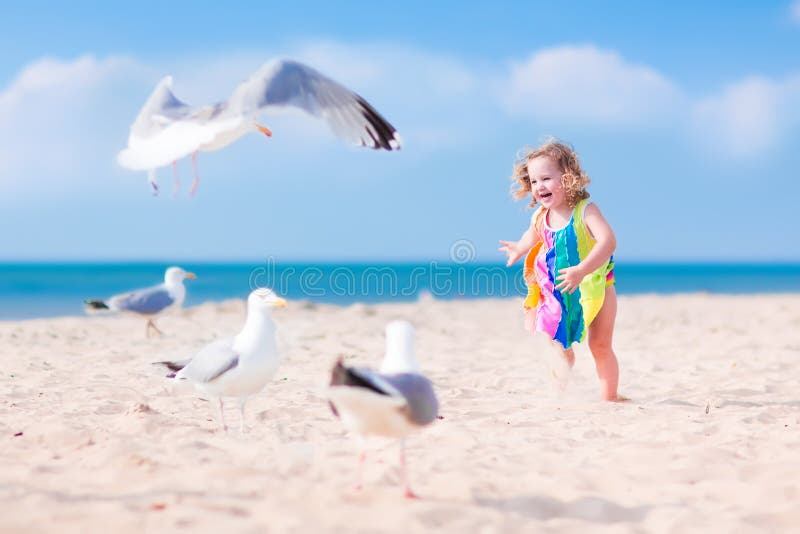 Little girl playing with seagulls