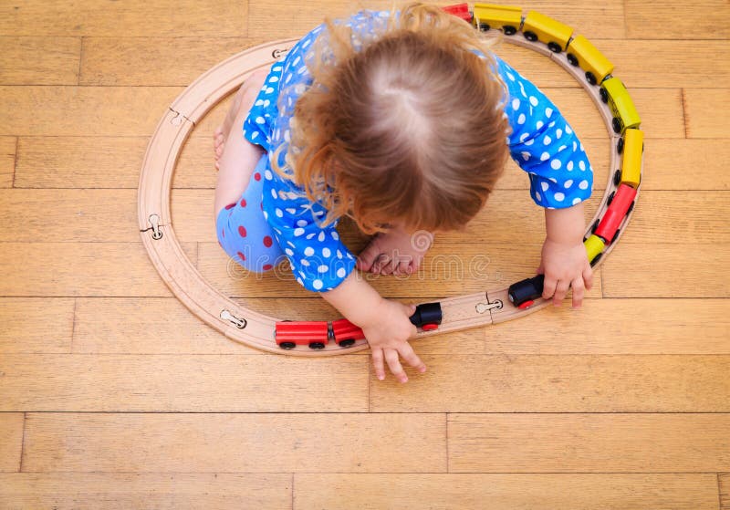 Wooden Trains on Railway for Kids Play and Education Stock Image