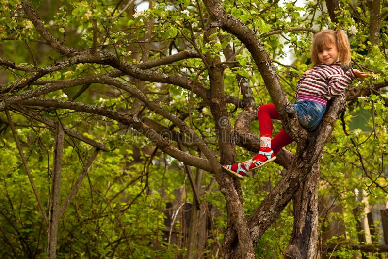 Little girl posing sitting on a tree