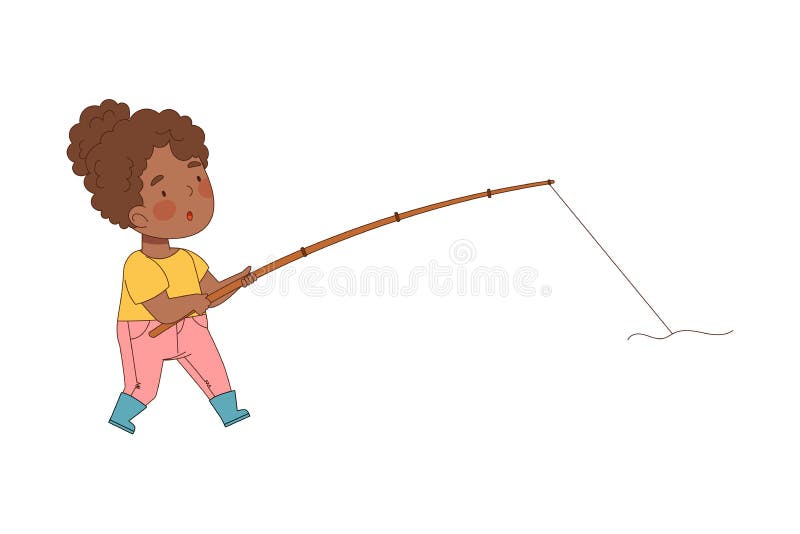 Cute Kids Character Holding a Fishing Rod Stock Vector