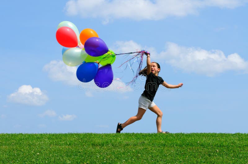 Little Girl Running with Balloons Stock Image Image of copy, grass