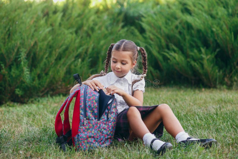 Cute Elementarh Schoolgirl Uniform Sitting Backpack Grass Stock Photos ...