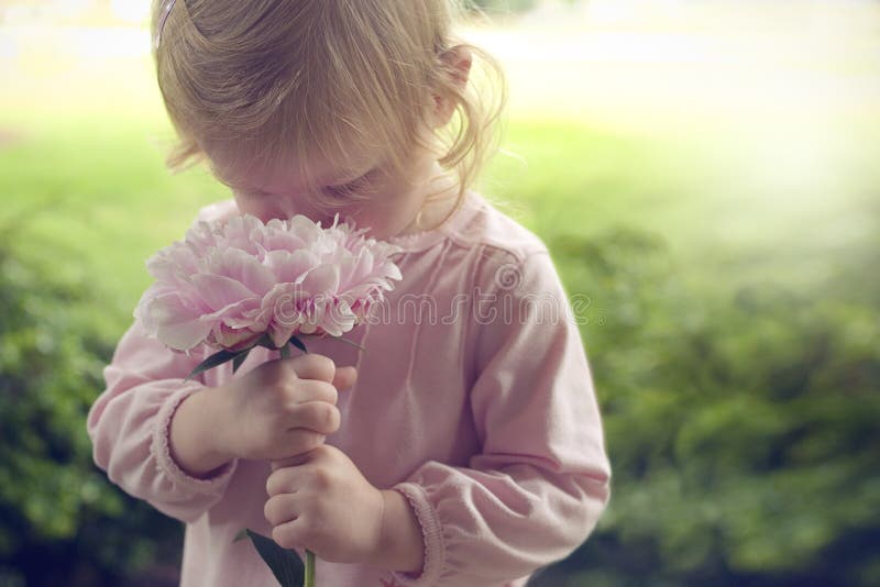 Little girl smelling pink flower in spring stock photos