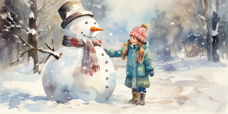 little girl and snowman in winter. Watercolor. Generative AI