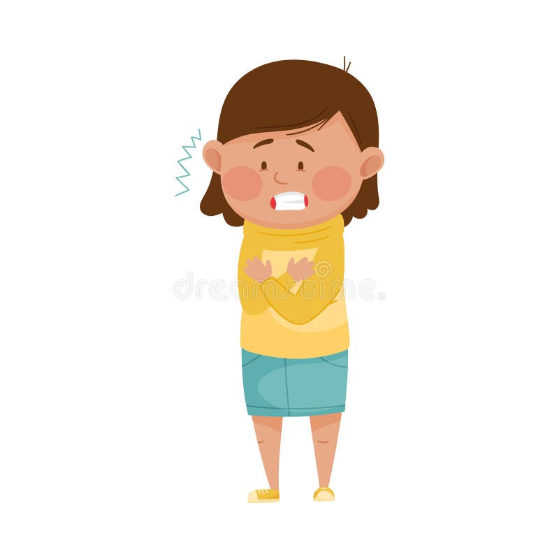 Little Girl Standing and Shivering Because of Cold Fit Vector Illustration