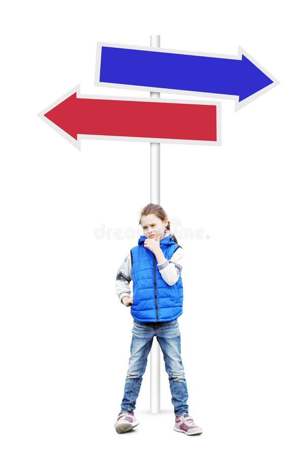 Little girl stands near a pointer with arrows in opposite directions royalty free stock image Little girl stands near a pointer with arrows in opposite directions royalty free stock image