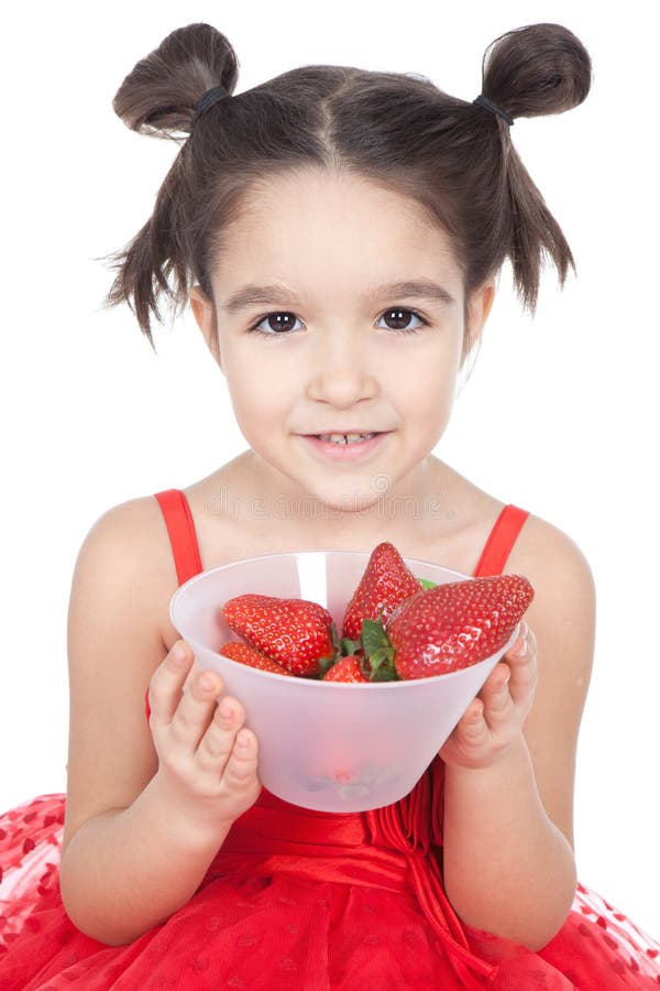 Little Girl with Strawberry on White Background Stock Photo Image of
