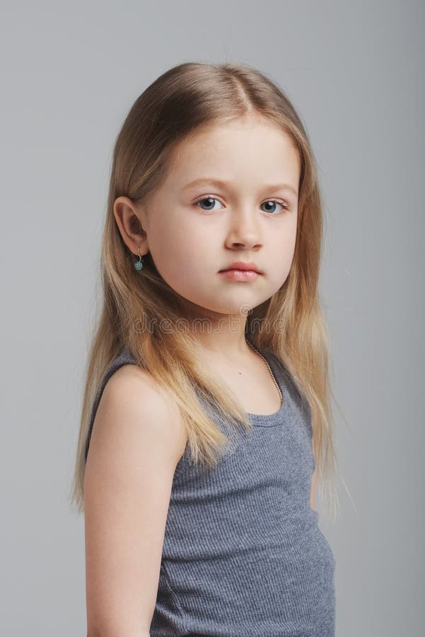 Little Girl Studio Portrait on Grey Background Stock Image - Image of ...