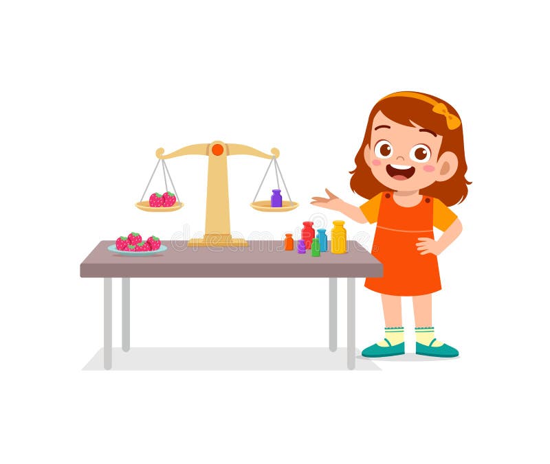 Little Girl Study about Weighing Scale To Balance Object Stock Vector