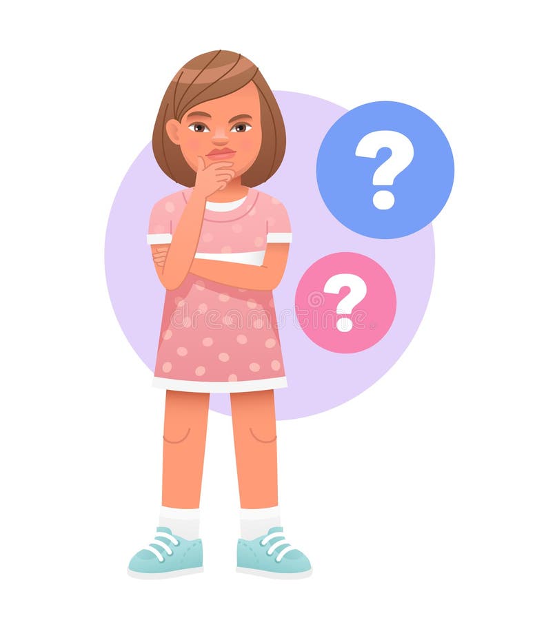 A little girl surrounded by question bubbles. Children\'s problems. stock illustration