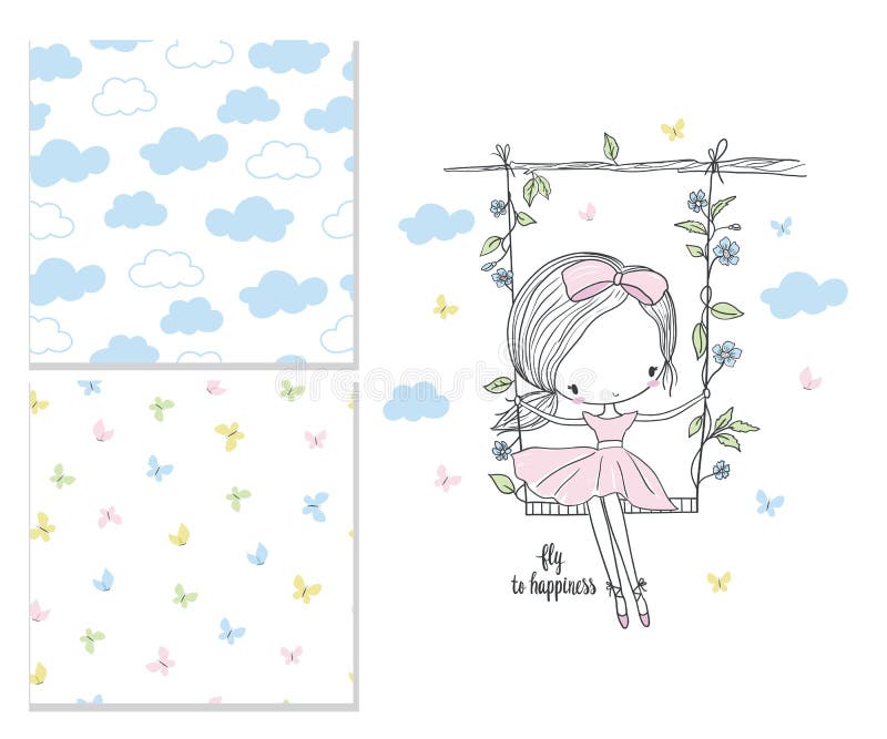 Little girl on the swing. Nursery vector illustration