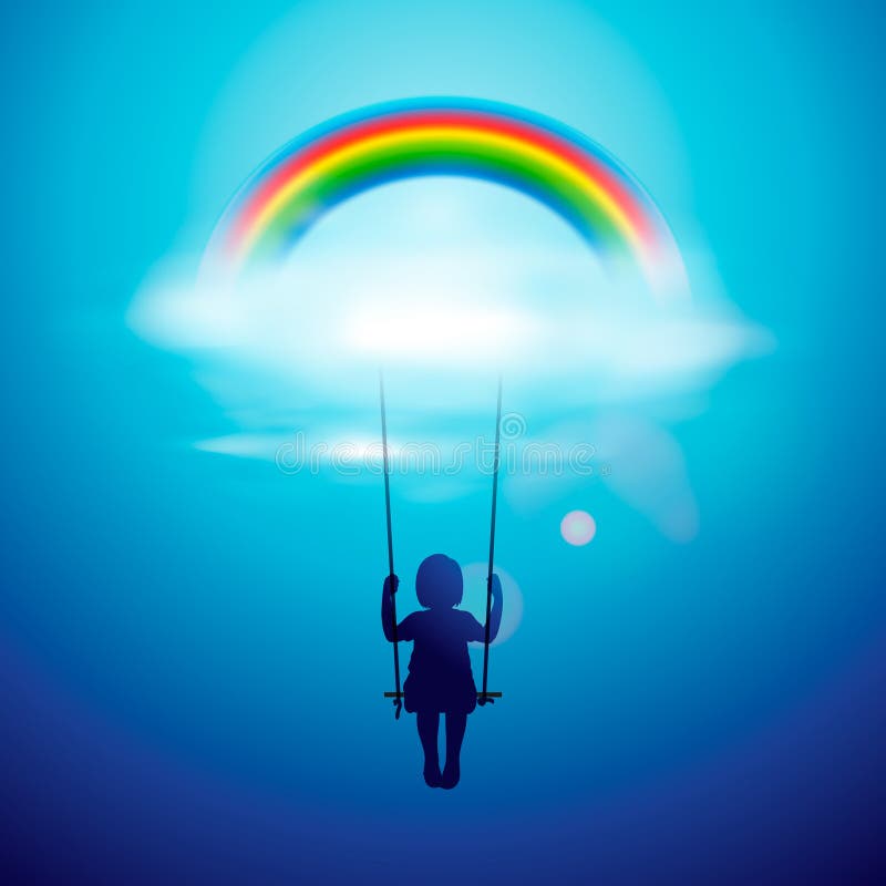 Little girl on a swing under the rainbow