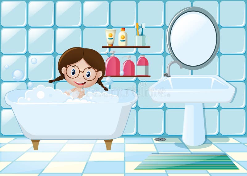 Little Girl Taking Bath in Bathroom Stock Vector Illustration of