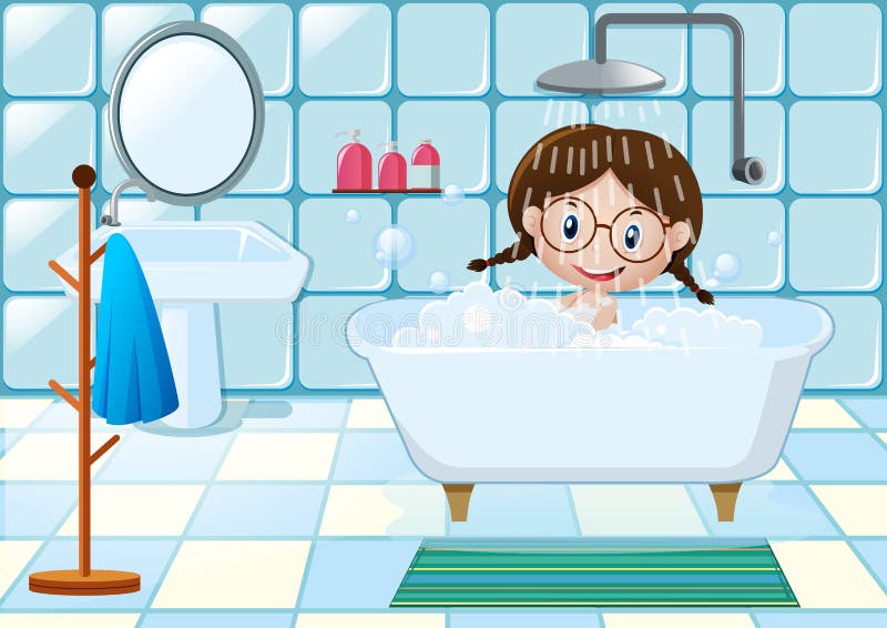 Little Girl Taking Shower in Bathroom Stock Vector Illustration of