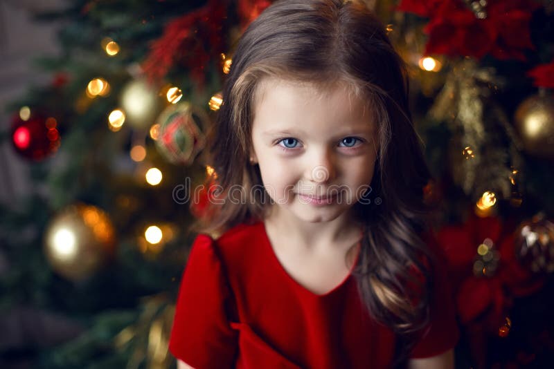 Little Girl Three Years in a Red Dress Smiling Stock Photo - Image of ...