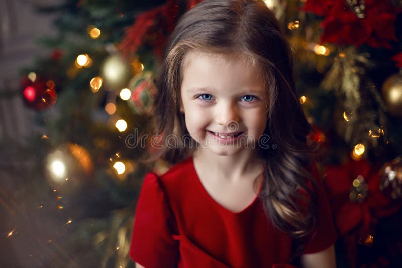 Little Girl Three Years in a Red Dress Smiling Stock Image - Image of ...
