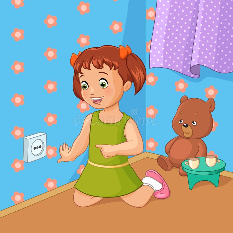 Little Girl Touching Socket. Vector Illustration. Stock Vector - Image ...
