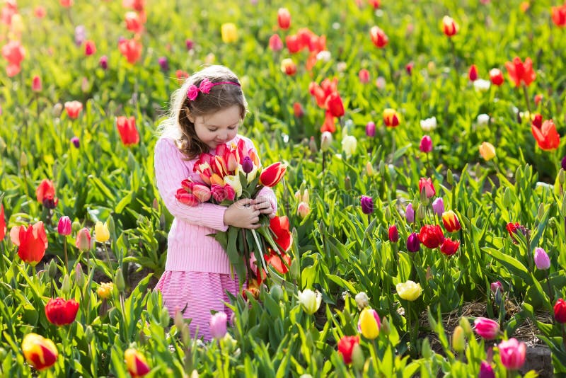 Little girl in tulip flower garden