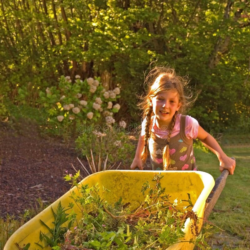 Little Girl Using Yellow Wheelbarrow