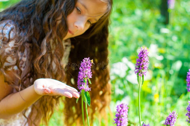 little girl watching a bee pollinate wild flowers in a field