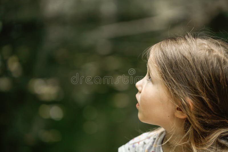 Little girl watching trees, skies and birds in awe