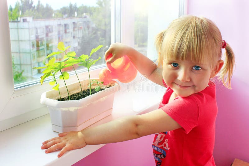 Pequeno regando joven plantas en maceta.