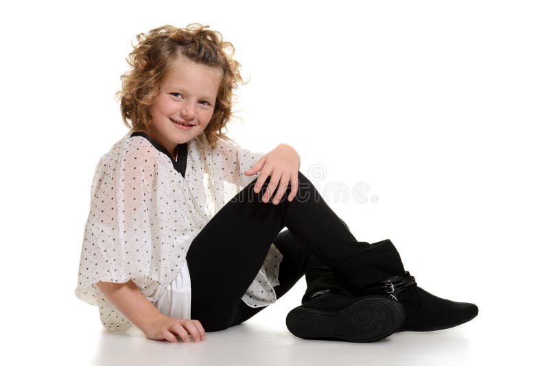Little Girl Wearing Boots Sitting Stock Photo Image of curly, casual