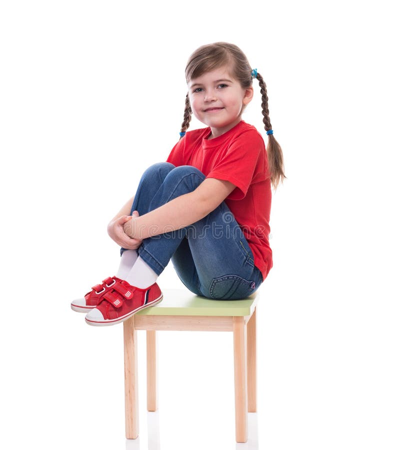 Little Girl Wearing Red T-shirt and Posing on Chair Stock Photo - Image ...