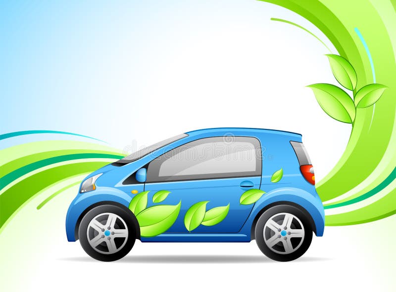 Little green car on a wavy background. Green drop vectors