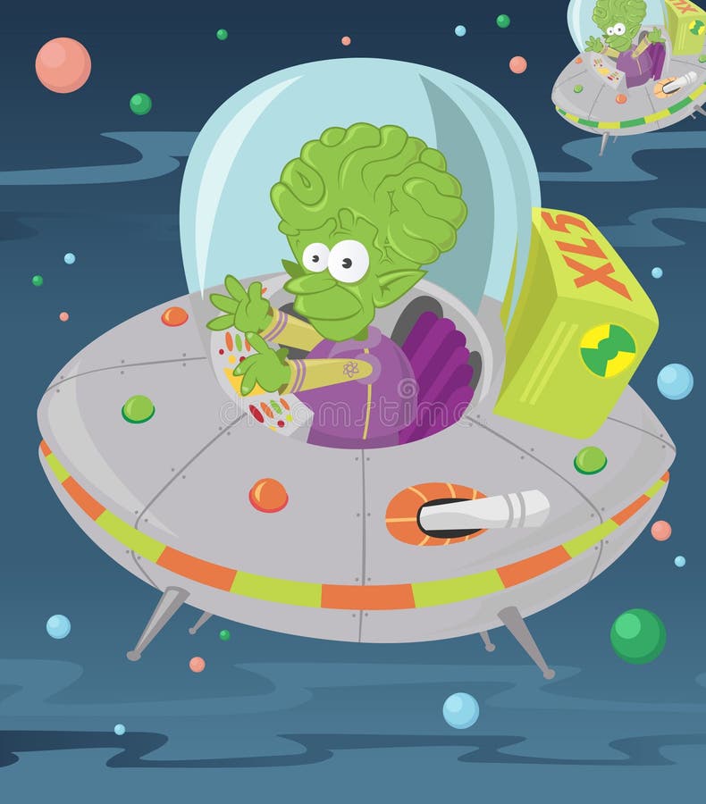 Little green man in his flying saucer. royalty free illustration