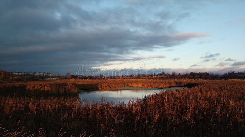 Little grey lake ander fall sky with a little blue sky Russia