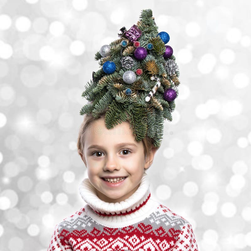 The Little Happy Girl With Fir-tree On Her Head Stock Image - Image of ...