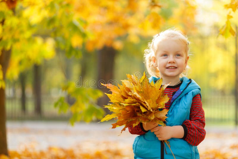 A Little Happy Girl is Holding Yellow Foliage in the Park. Stock Photo ...