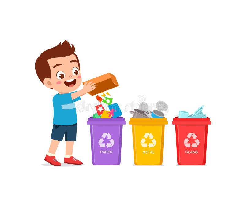 Little Kid Throw Paper Waste To Recycle Bin Stock Vector Illustration