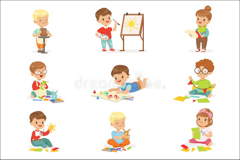 Little Kids In Art Class In School Doing Different Creative Activities, Painting , Working With Putty And Cutting Paper.