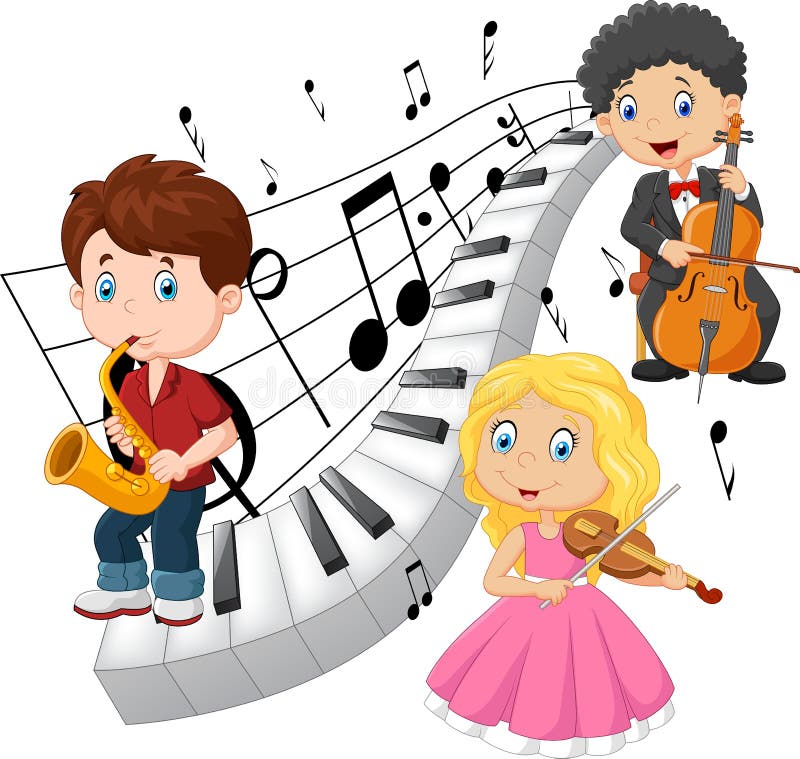 Little Kids Playing Music With Piano Tone Background Stock Vector