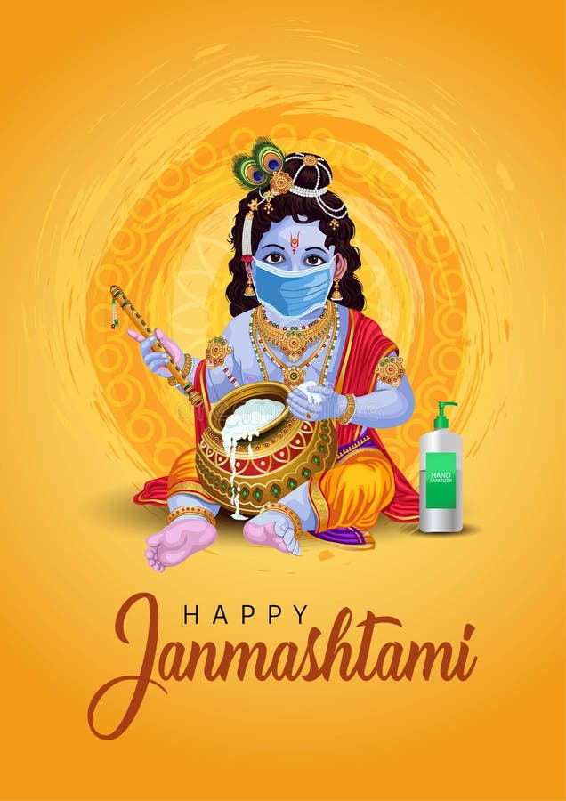 Little Krishna with flute and pot, happy Janmashtami yellow background. vector illustration. corona virus covid-19 concept