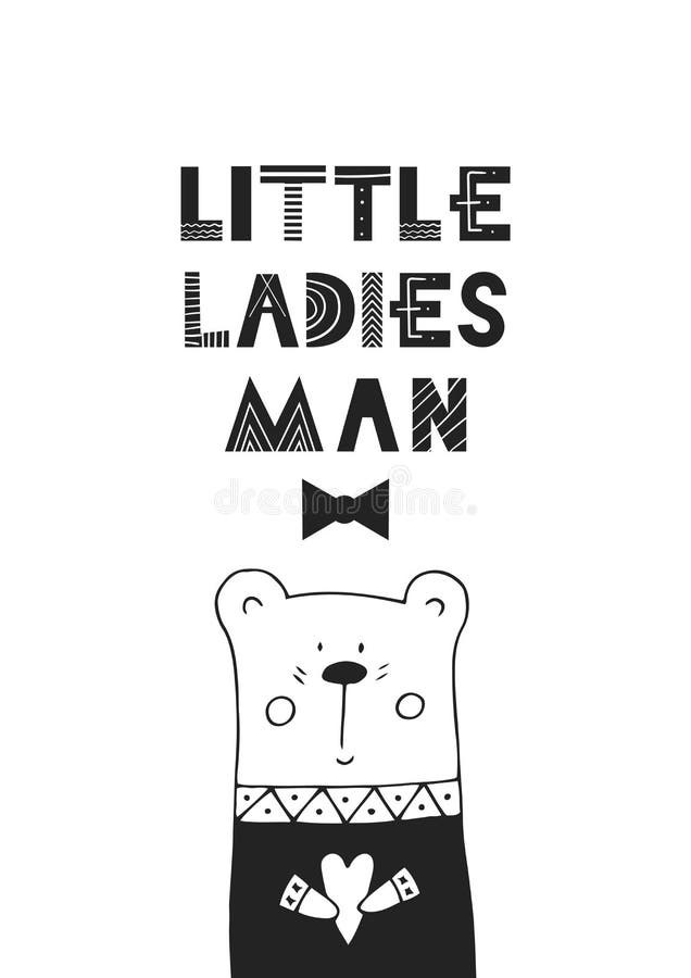 Little ladies man - unique hand drawn nursery poster with hand drawn lettering in scandinavian style. Vector illustration.