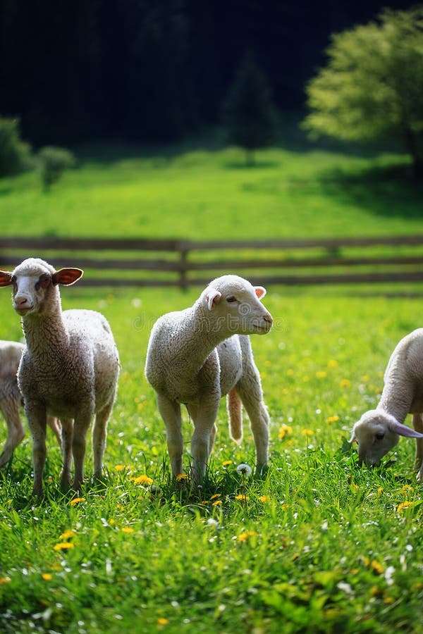 Little lambs grazing on a beautiful green meadow with dandelion.