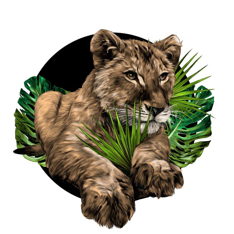 Little lion lying full length on the background of a round composition of tropical plants royalty free illustration