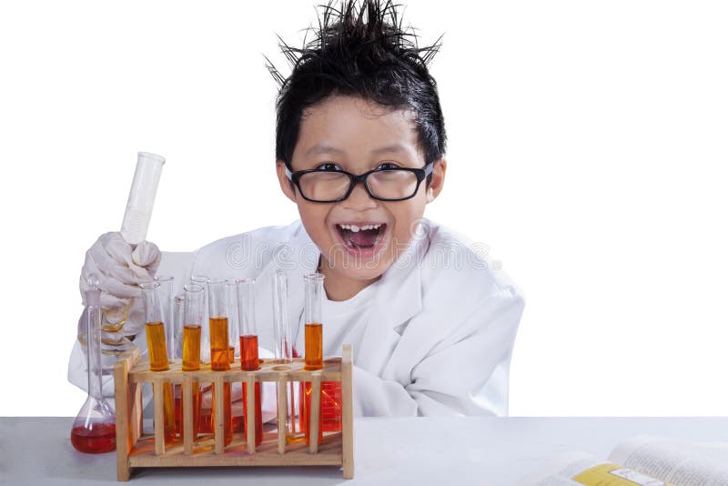 Portrait of little mad scientist doing research, isolated over white background